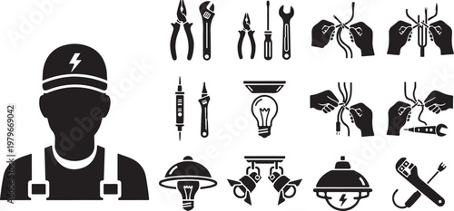 Silhouette of a worker with various tools icons set