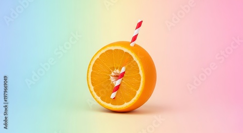 Fresh orange half with red and white striped straw on pastel rainbow background. jpg