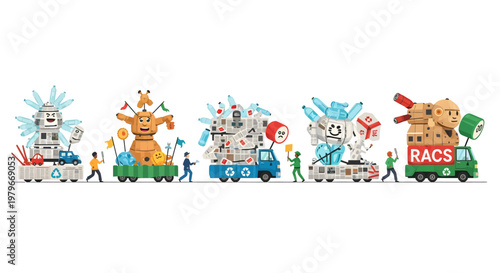colorful illustrations of Statue of Liberty on recycling trucks