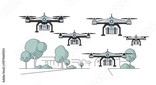 Drones flying over trees and building architecture