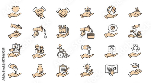 Collection of hand icons representing various concepts of giving and support.