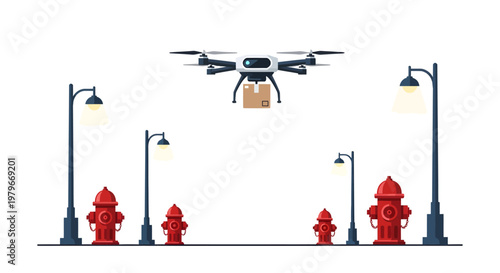 Drone delivering package to fire hydrant with street lamps