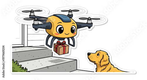 Cute drone delivering gift to surprised dog on stairs