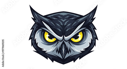 Fierce Owl Mascot Head Illustration with Intense Yellow Eyes, Vector Art