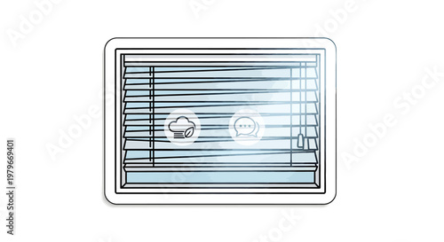 Metallic window shutter with horizontal slats and icons
