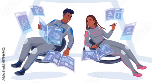 Two astronauts sitting and reading blueprints in space station