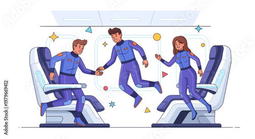 People in space suits running in zero gravity on an airplane