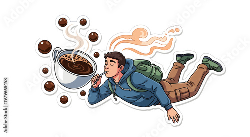 Man flying with coffee cup and backpack, energetic and carefree