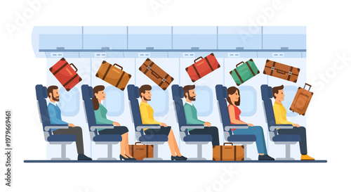 Turbulence on airplane flight with luggage falling from overhead bins