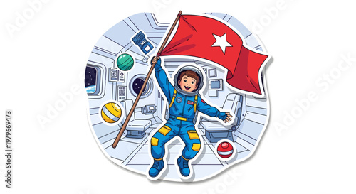 Astronaut in space holding flag with star