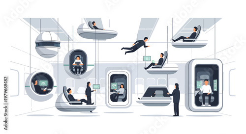 People in futuristic space station or spacecraft interior