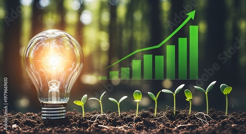 Glowing light bulb with green growth chart and small plant sprouts in soil. jpg