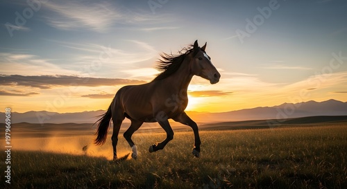 Galloping horse at sunset field landscape equine freedom running wild outdoors nature