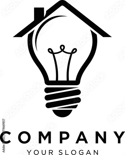 Sleek emblem uniting a glowing lightbulb within a house silhouette, conveying concepts of enlightened living, energy-efficient homes, and innovative real estate ventures