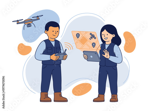 Vector Professional surveyors operating drone for digital mapping and GIS illustration