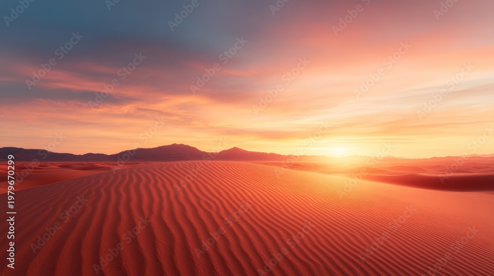 Obraz premium A breathtaking desert landscape captures the beauty of undulating sand dunes during sunset, showcasing vibrant hues of orange and pink as the sun sets on the horizon.