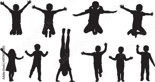 Fotografi Children playing with kite and soccer ball, drawing with chalk, and jumping over