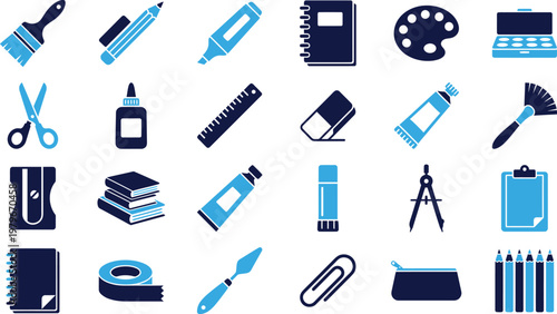 Assortment of art and craft supplies colorful icons and symbols.