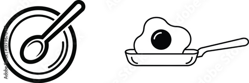Hand drawn kitchen utensils bowl spoon frying pan and egg illustration