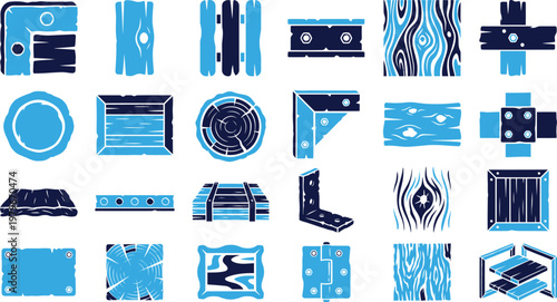 Wood texture and construction elements icons in flat design style blue and dark shades.