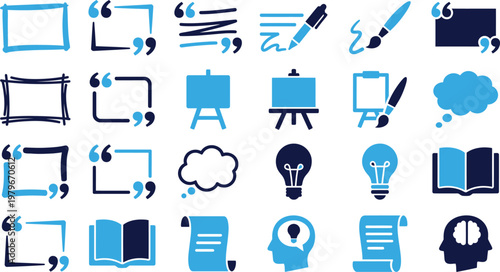 Collection of simple blue quote boxes frames and artistic elements on white background.