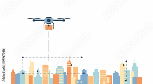 Drone delivering package over city skyline, modern urban logistics and technology