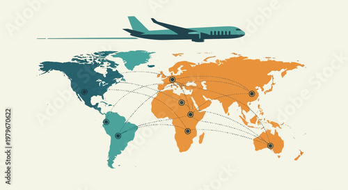 Global Travel and Connectivity An Airplane Depicting International Flights Across Continents on a World Map