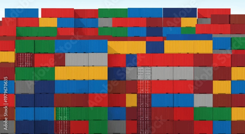 A large wall made of stacked shipping containers in multiple colors, such as red, yellow, blue, and green, symbolizing global trade and logistics