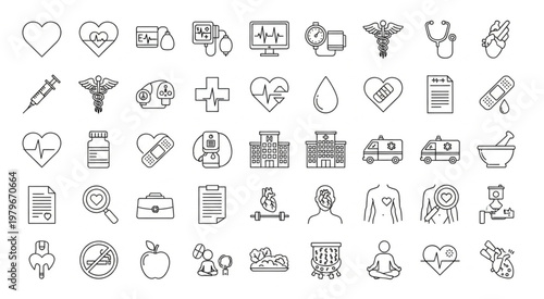Collection of medical and healthcare icons representing various health concepts and elements.