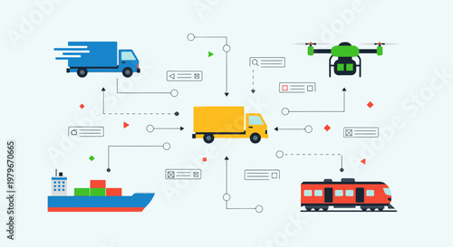 Diverse logistics and supply chain transportation methods including truck, ship, drone, and train