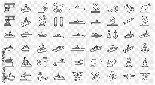 Collection of various naval vessels and maritime equipment illustrations in a grid pattern.