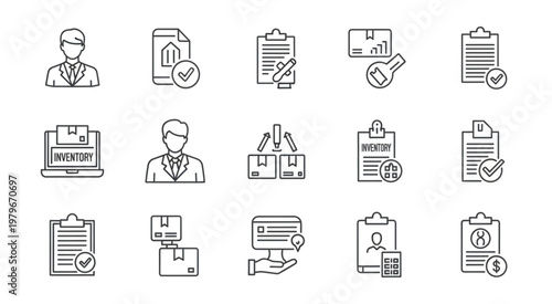 Business and logistics icons set representing various aspects of commerce and management.