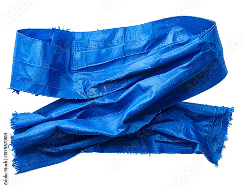 A crumpled blue woven plastic fabric strip with frayed edges