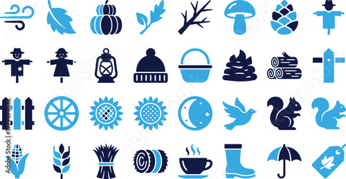 Autumn season icons set in blue and dark blue on white background.