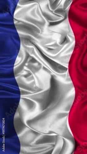 Vertical wavy texture of the France flag with realistic silk fabric folds and light reflections.