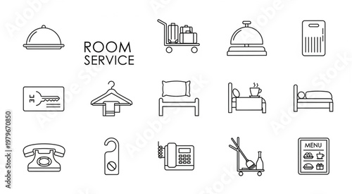 Hotel room service icons representing various amenities and facilities for guests.