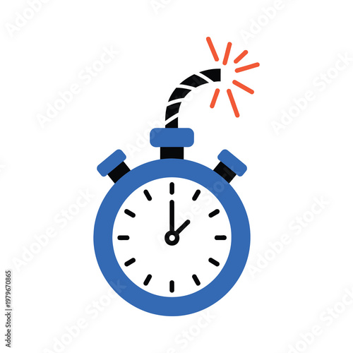 Blue stopwatch with fuse and sparks on white background icon