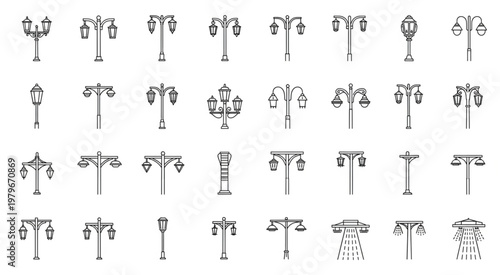 Collection of various street lamps in a line art style, perfect for design.