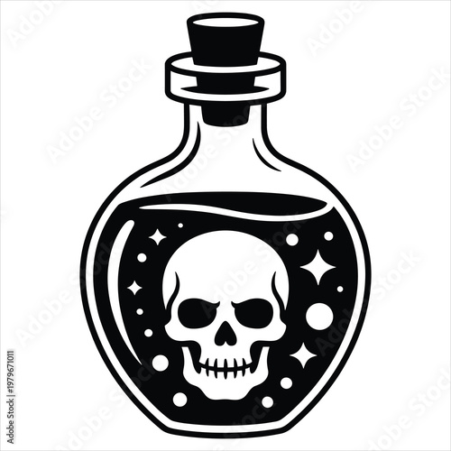 Black and white of a poison bottle with a skull potion