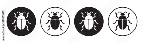 Collection of beetle icons in circles vector art insect symbols isolated on white background.
