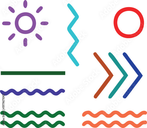 Colorful Abstract Memphis Elements Set – Geometric Shapes, Wavy Lines, Arrows and Sun Icons Vector Collection