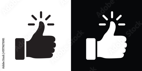 Dynamic thumbs up icon with radiating sparkle lines emphasizing excellence and top-rated quality. Graphic symbol for brilliant ideas, instant approval, and outstanding performance reviews.