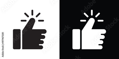 Dynamic thumbs up icon with radiating sparkle lines emphasizing excellence and top-rated quality. Graphic symbol for brilliant ideas, instant approval, and outstanding performance reviews.