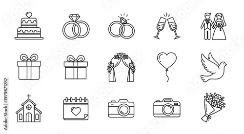 Collection of wedding icons and symbols in a line art style.
