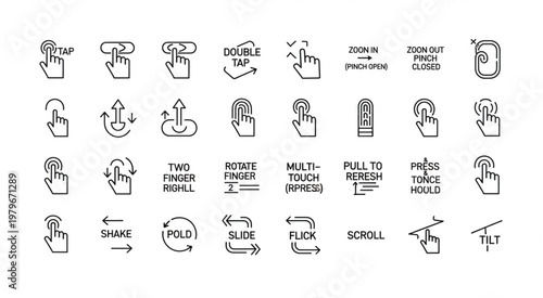 Gestures and touch screen interactions icons for digital devices.