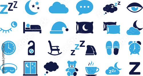 Diverse collection of sleep related icons and symbols including zzz moon and bed.