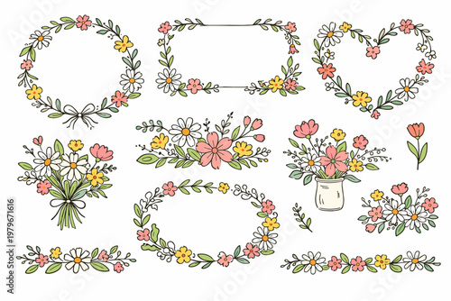Hand drawn floral wreaths and frames collection with sketched style flower compositions, bouquets, and borders. Naive design for spring and summer wedding invitations and greeting cards set.