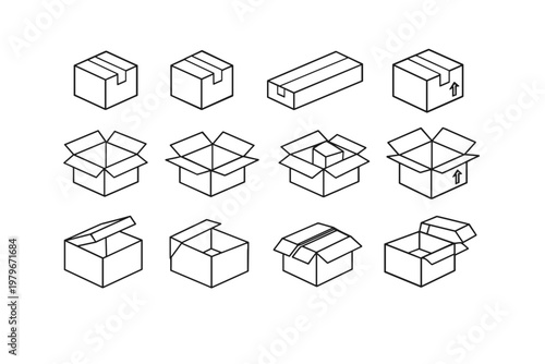 Isometric line art cardboard box icons set featuring open and closed packages for shipping, delivery, and logistics, including taped parcels, long boxes, and containers for e-commerce storage.