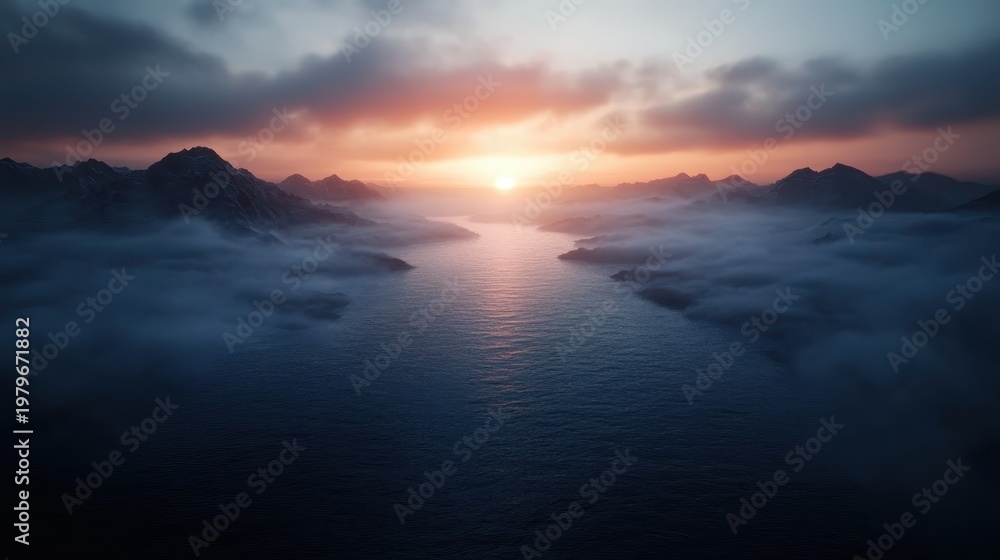 Obraz premium A breathtaking sunset reflecting over a tranquil sea, surrounded by misty mountains, embodying nature’s beauty and the essence of peaceful solitude in remote landscapes.