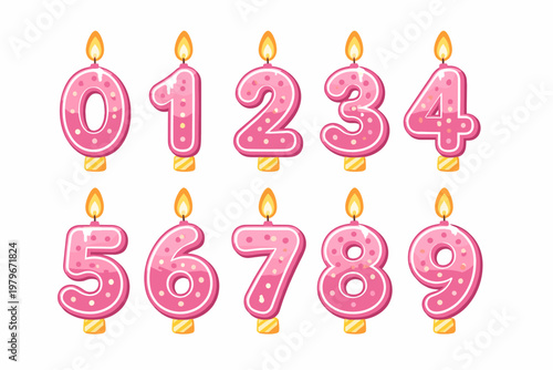 Pink Birthday Candles Number Set 0-9, Vector Illustration of Burning Anniversary Candles with Polka Dot Pattern for Party Invitations, Cake Decoration, and Celebration Events, Isolated on White.